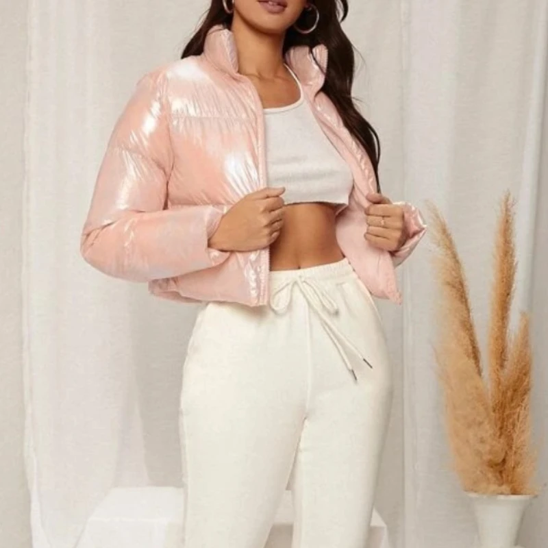 Glossy Women's Wear 2021 Long-sleeved Stand-up Collar Thermal Insulation Sequins Overcoming Zipper Cotton-padded Clothes Women