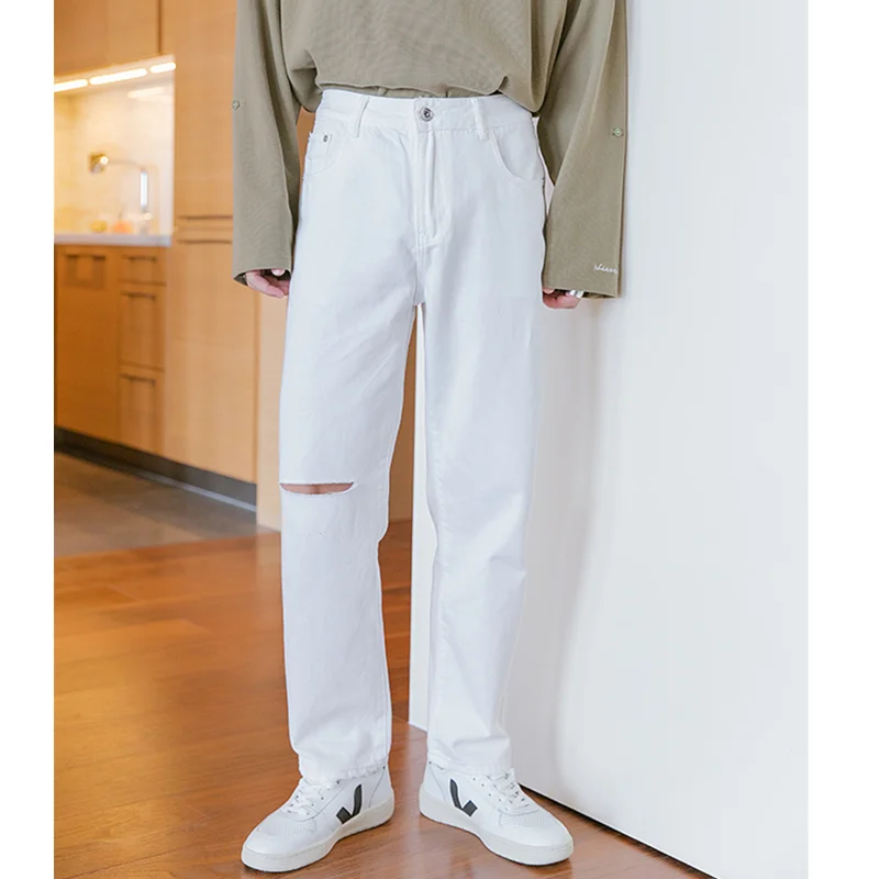 Streetwear Men 2022 New Pattern Vintage Recreational Black Pants Straight Cylinder Comfortable Loose Ripped Jeans Autumn Female