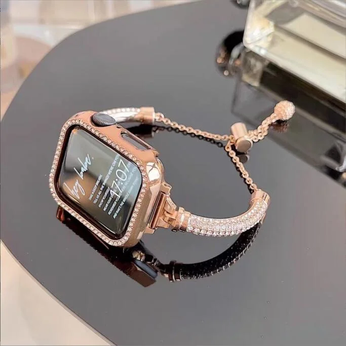 

Алмазный металлический ремешок для Apple Watch ultra 49 мм 8 7 6 5 4 3 SE, браслет для Apple Watch 40 41 42 44 45 мм, ювелирные изделия, блестящий защитный чехол