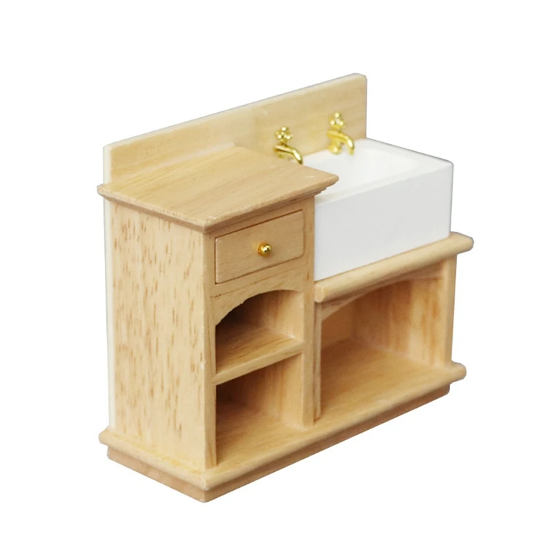 

FBIL-Wooden Wash Basin Cabinet With Ceramic Hand Sink Miniature Furniture Toys For 1/12 Dollhouse Bathroom Kitchen Decoration