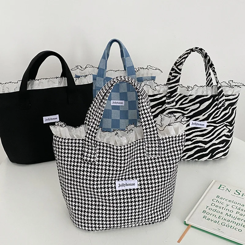 

Cotton Canvas Handbag Female Lotus Leaf Lace Tote Bag Open Design Zebra Denim Checkerboard For Woman