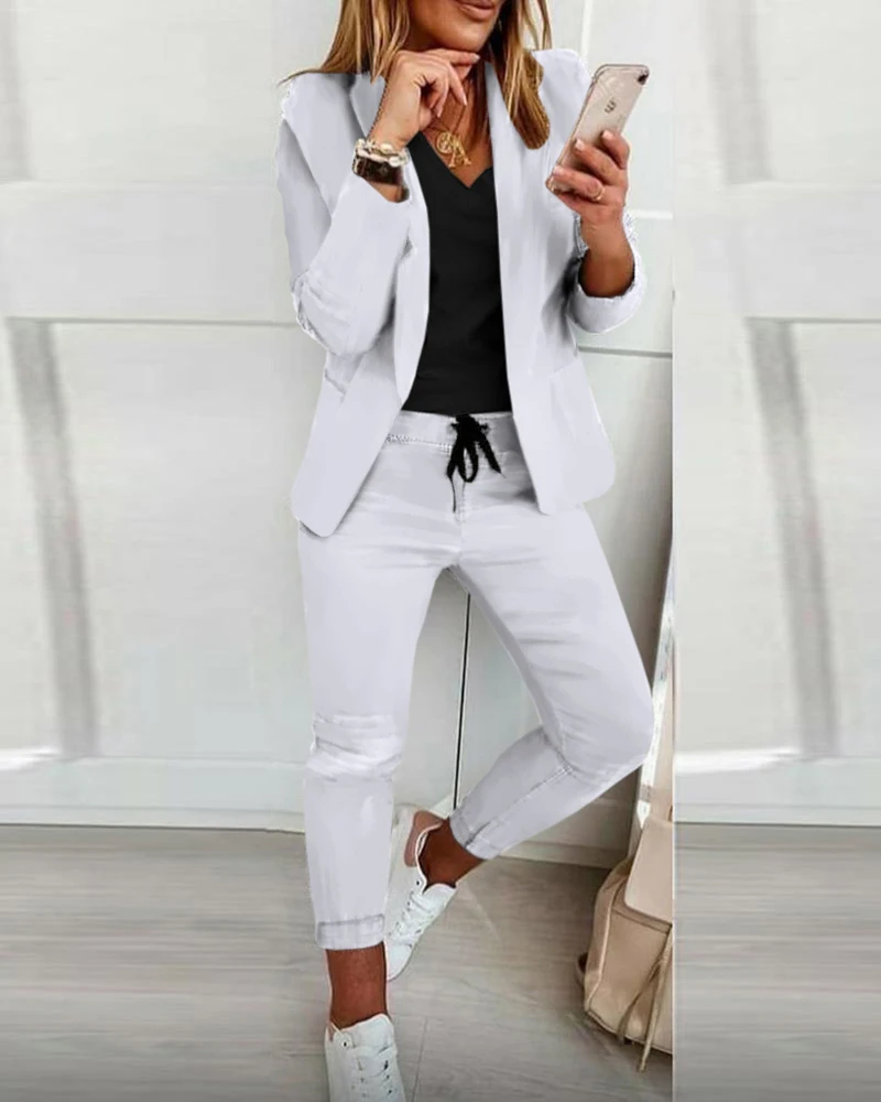 Fashion Pant Suits Female Spring Summer New Plus Size 2XL OL Temperament Casual Solid Slim Suit+Long Pants Women Sets Two Pieces