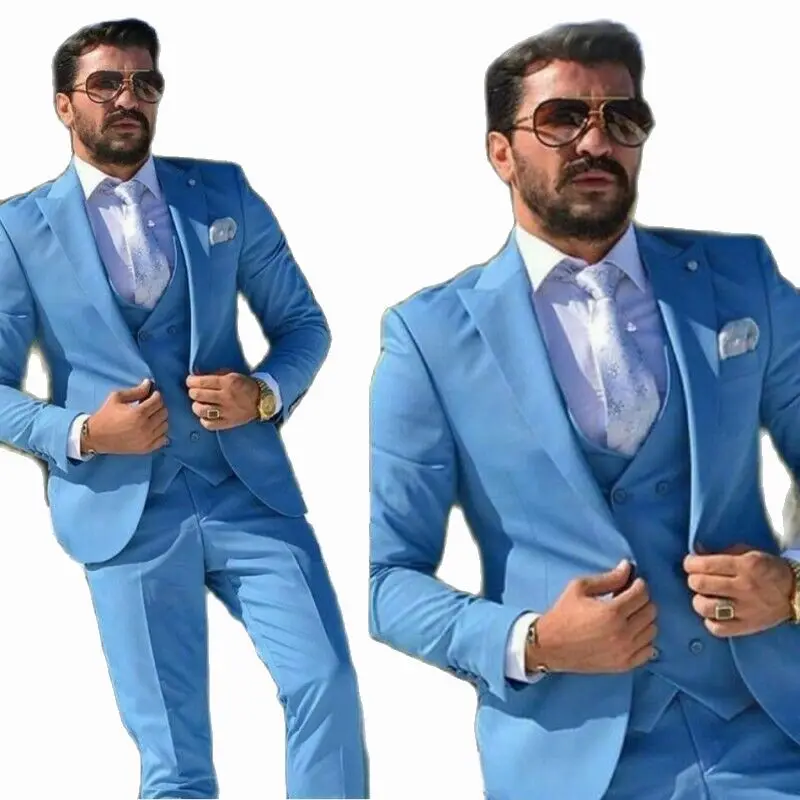 The New Formal Fashion Blue Suits For Men's Groom Wedding Wear  Slim Tuxedos Peak Lapel Custom Made 3 Pieces