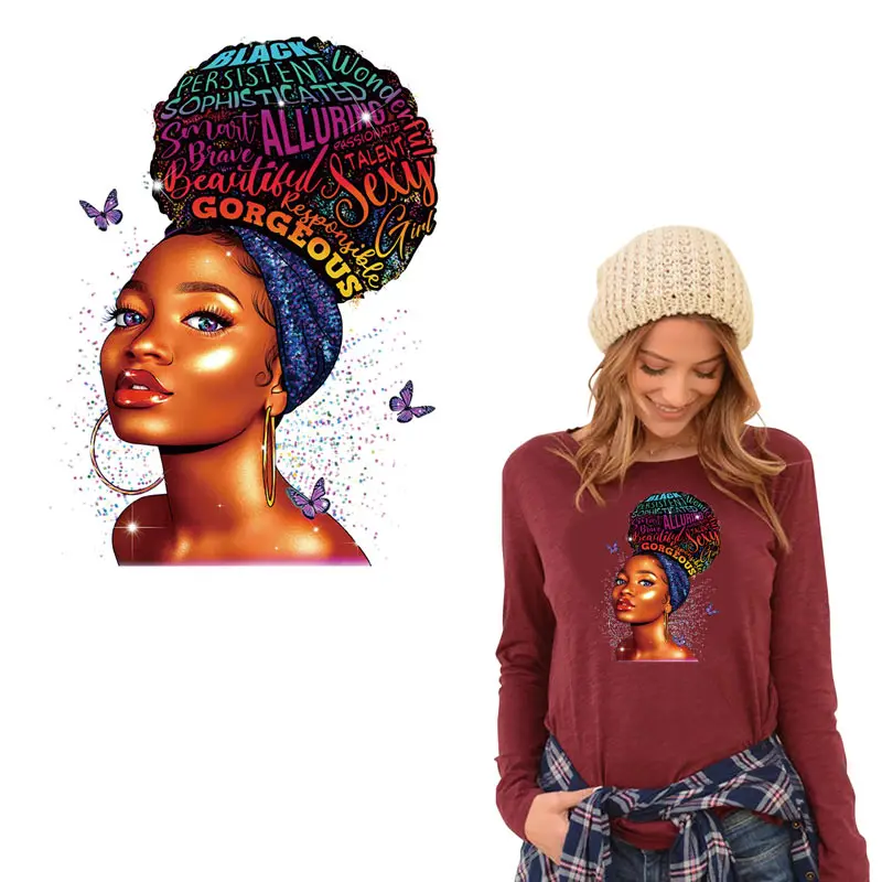 

TuQiang Beautiful African Women Patch Thermal Sticker Iron On Transfers Vinyl Patch for Clothing DIY T-Shirt Hoodies Applique