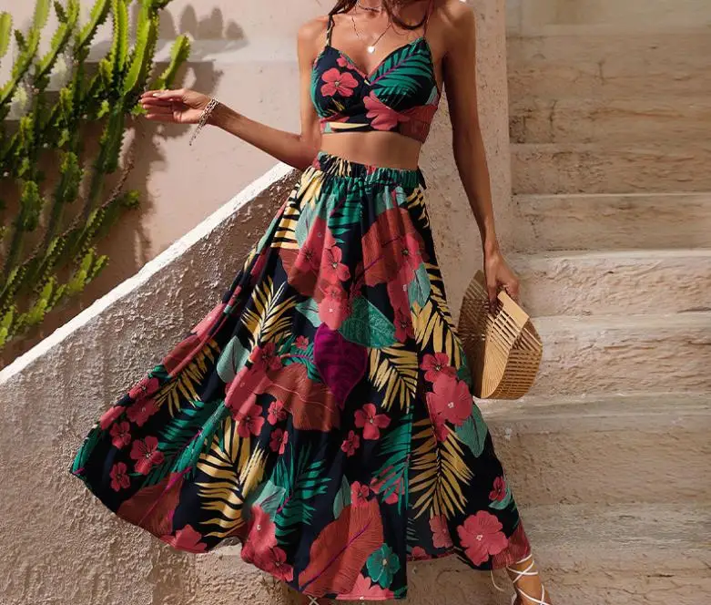 

Женский костюм из двух предметов, летний топ без рукавов с цветочным принтом и V-образным вырезом и юбка с высокой талией и разрезом, 2023