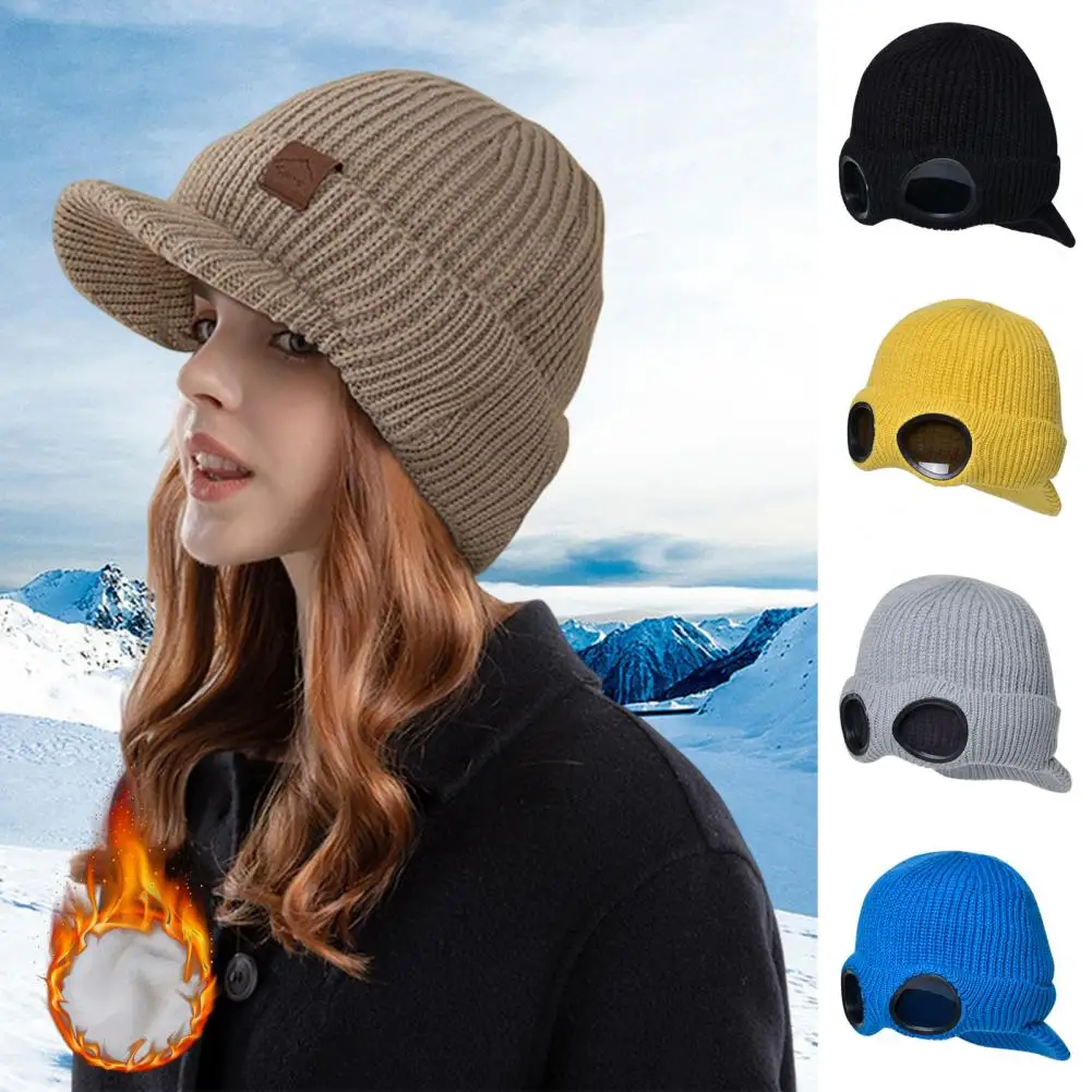 

Comfortable Winter Hat Windproof Brim Plush Women Winter Lens Glasses Knitted Hat Hiking Supplies