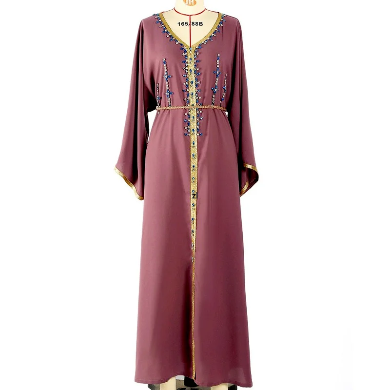Dubai Hijab Women Dress Light Purple V-Neck Hand Stitched Raglan Sleeve Party Dress 2022 New Kaftan Abayas Djellaba Moroccan Ves