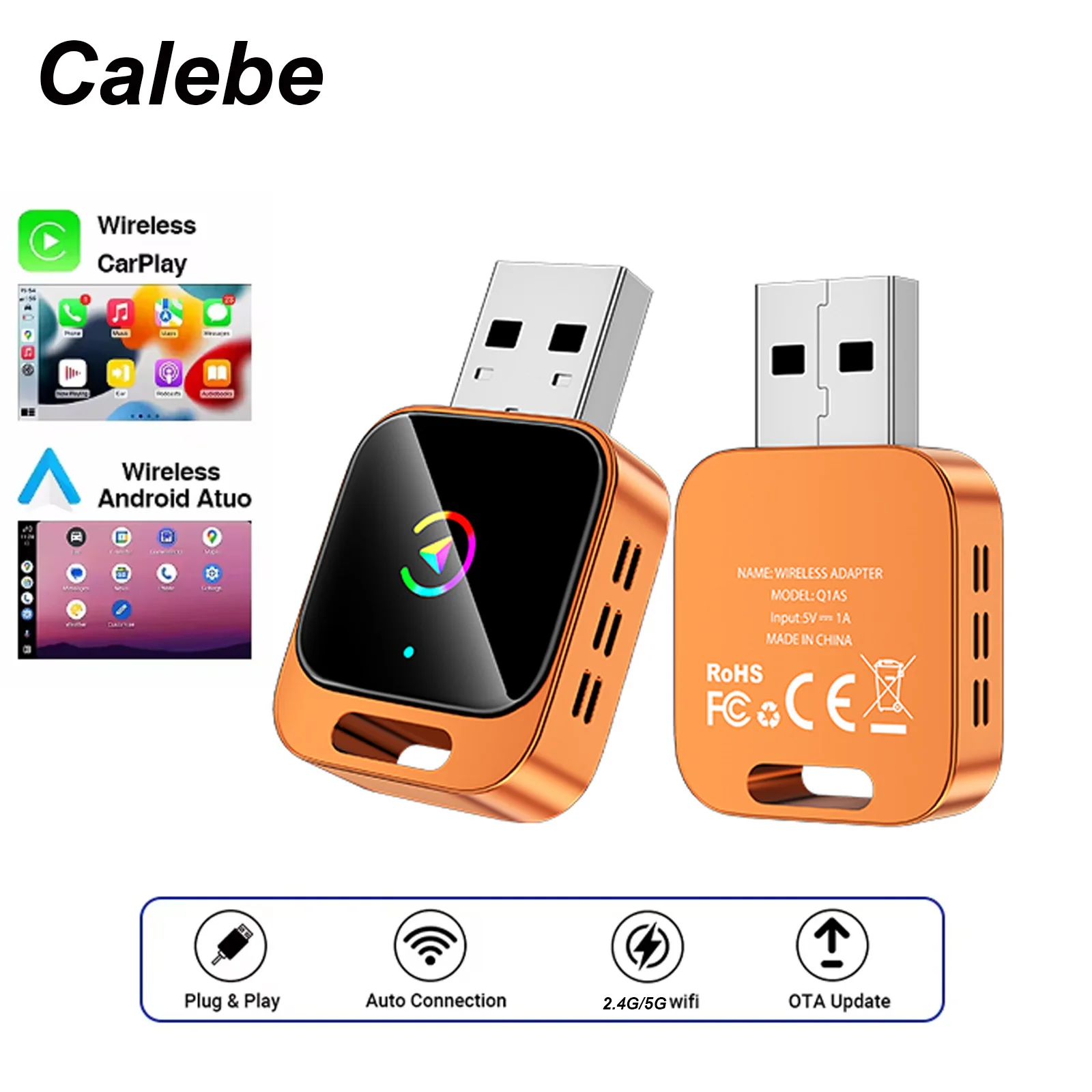 Фото Беспроводной адаптер Calebe 2-в-1 для CarPlay и Android Auto, AirPlay, BT5.0, USB/USB-C, Wi-Fi передача данных для iOS/Android без задержек №1