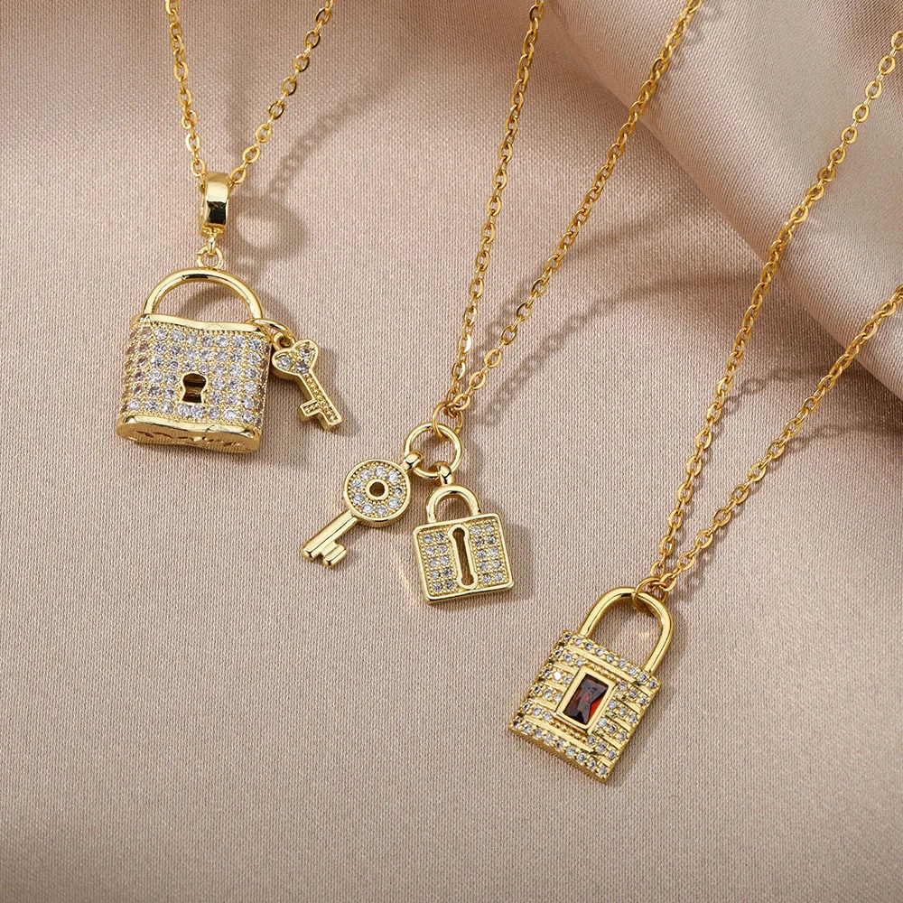 

Gothic Crystal Lock Key Pendant Necklace Gold Color Stainless Steel Chain Lock Necklace For Women Punk Boho Jewelry Bijoux Femme