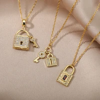 gothic crystal lock key pendant necklace gold color stainless steel chain lock necklace for women punk boho jewelry bijoux femme
