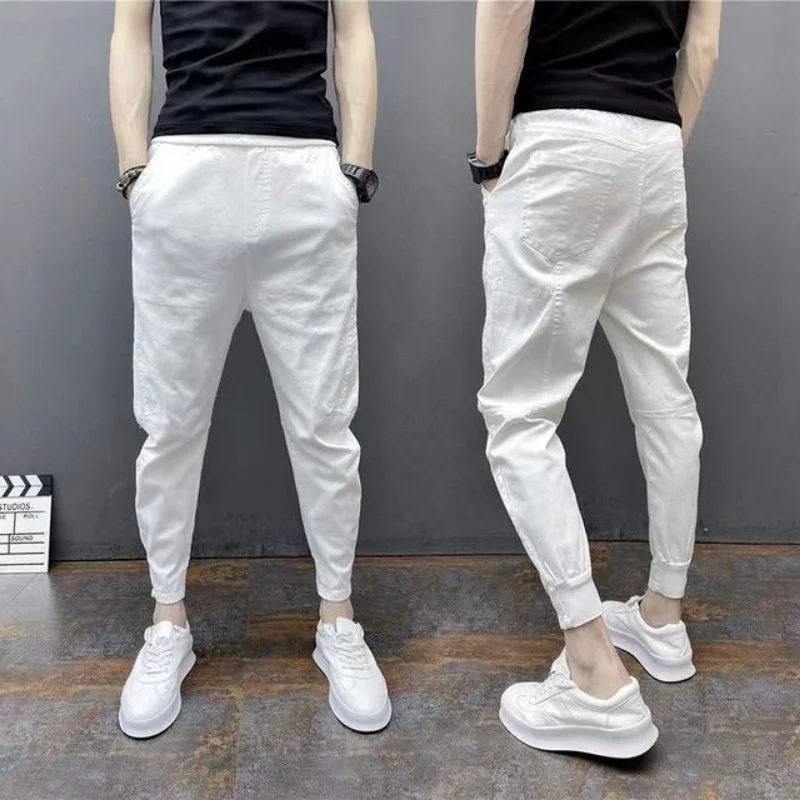 

Spring Summer Men's Casual Pants Joggers Ankle Elastic Waist Dstring Streetwear HipHop White Black Harem Pants Man Trousers