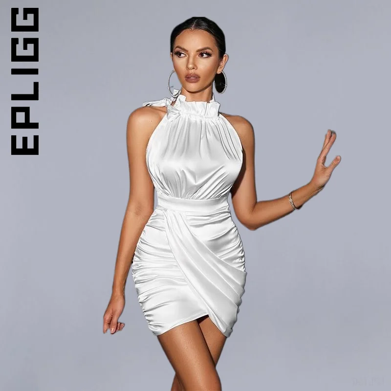 

Epligg Dress New Women White folds elegant sleeveless sexy mini dresses Temperament Ladies Dress Holiday Chic Vestidos Female