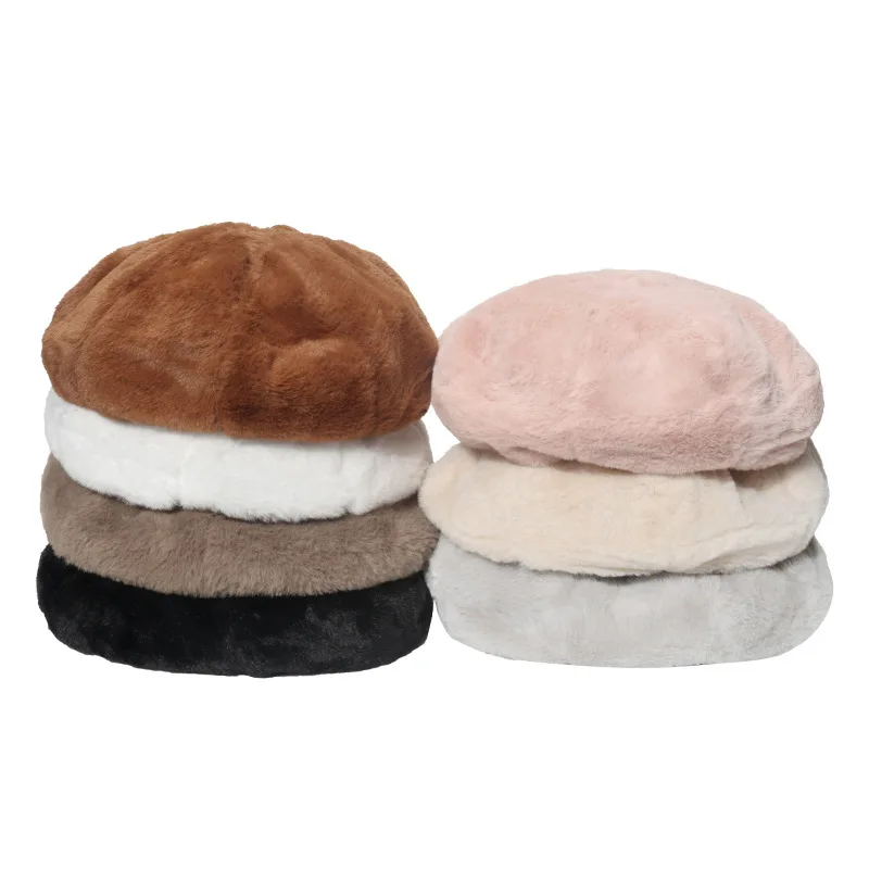 

Painter Hat Winter Belle Hat Pure Color Imitation Rabbit Hair Plush Warm Trendy Autumn and Winter Hundred Take Beret Female