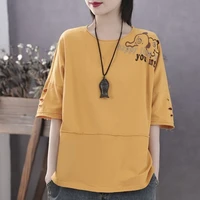 female women loose casual oversize patchwork tops cotton artistic summer hollow out animal pattern t shirts letter print tees