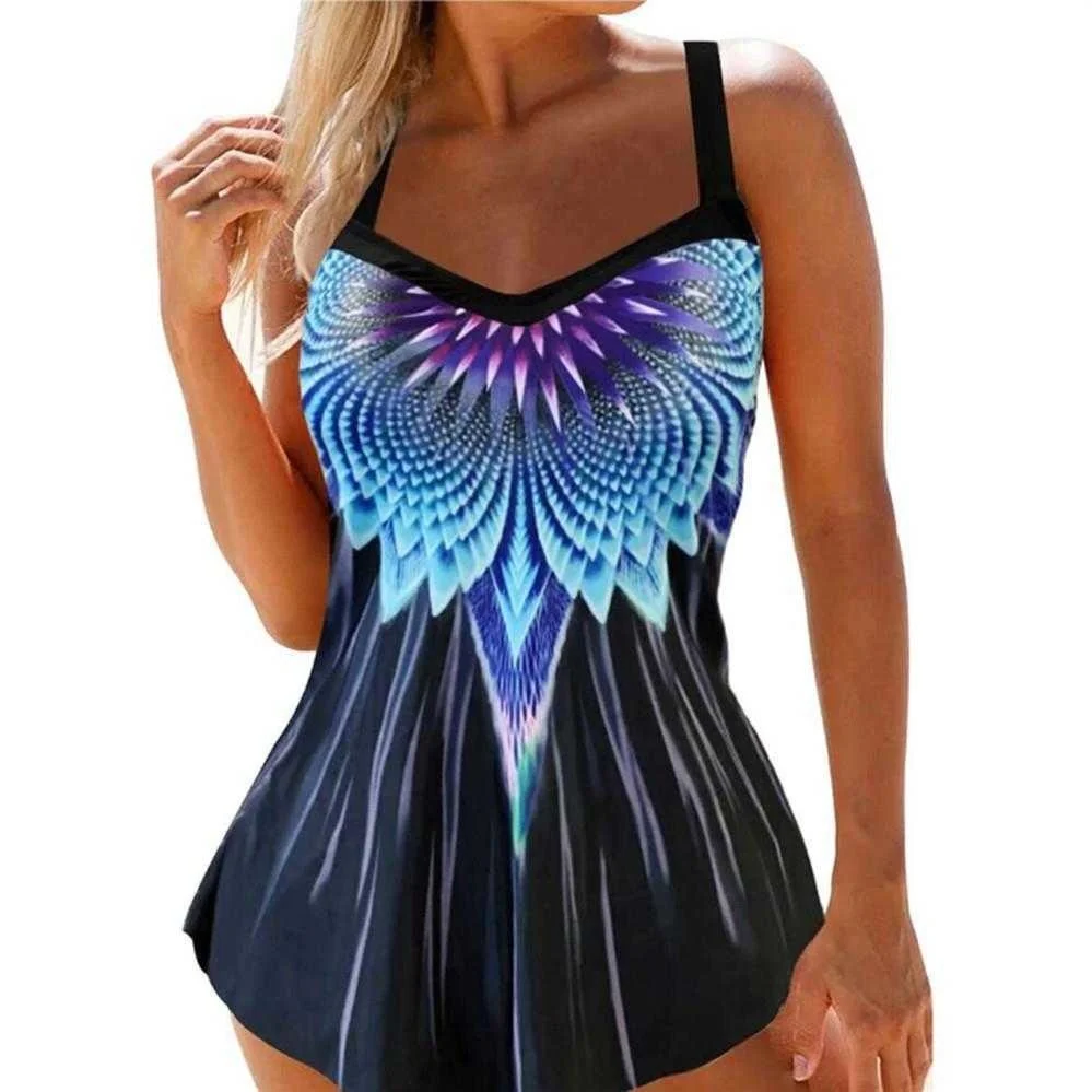 

Skirt Split Large Size Swimsuit Ladies Feather Print Draw Plus Sized Color