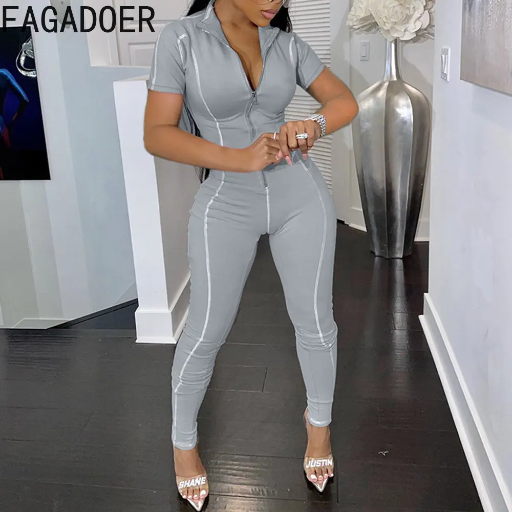 FAGADOER Casual Sporty Print Jumpsuits Women Zipper Short Sleeve Jogger Pants One Piece Playsuits Female Solid Color Streetwear