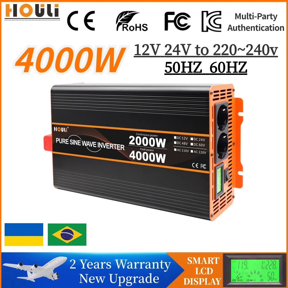 

Inverter DC 12v 24v To AC 220v 110v Pure Sine Wave 1600W 3000W 4000W Voltage Power Converter 50hz 60hz Solar Car Transformer LCD