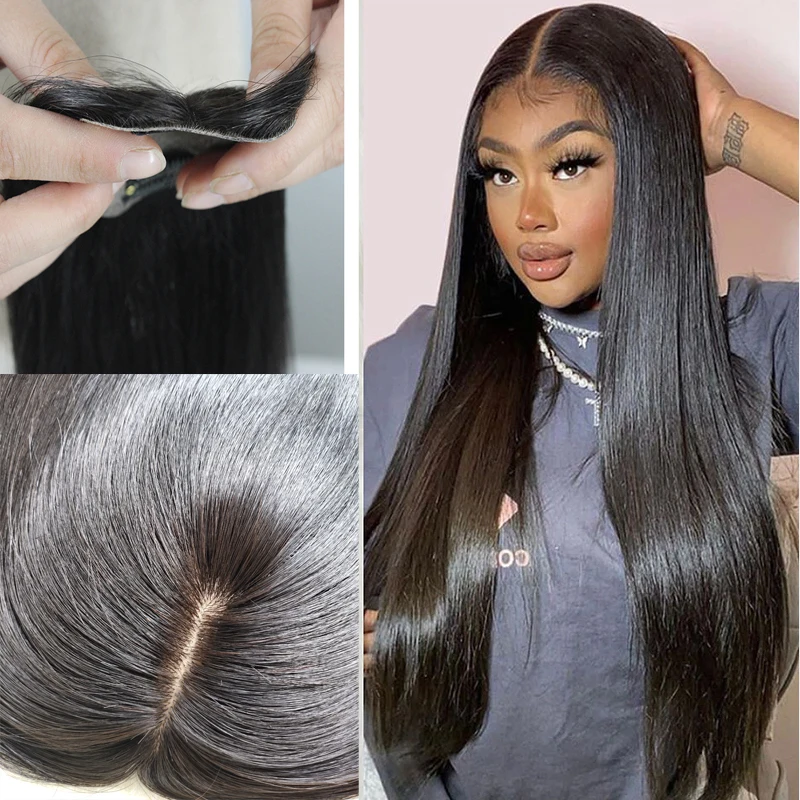 22 inch Human Hair Topper Silk Skin Base Toupee With 2cm PU Around Virgin Hair Extension with Clips for Women