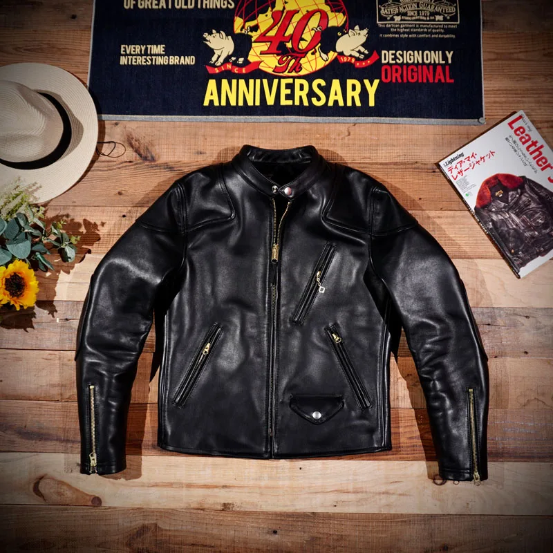 

Classic Tom Hardy Venom Italian Wax Dyed Cowhide Leather Mock Neck Motorcycle American Retro Men's Short Jacket