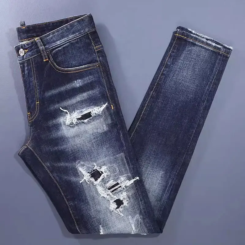 Джинсы мужские Стрейчевые в стиле ретро уличные модные синие узкие брюки хип-хоп