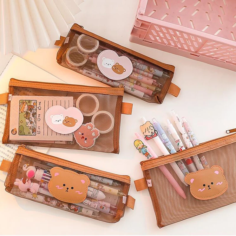 

Cute Bear Pencil Case Transparent Mesh Pen Bag Kawaii Storage Pouch Korean Stationery Organizer Office School Supplies