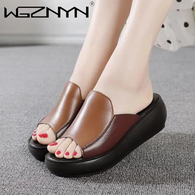 

Woman Platform Flip Flops 2022 New Summer Women Open Toe Cozy Slides Genuine PU Leather Slipper High Heel Shoes Women Slippers