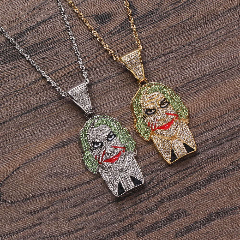 

Lucky Fashion Custom Clown glass Stone Pendant Necklace Hip Hop Cubic stainless steel Chain for men Wholesale