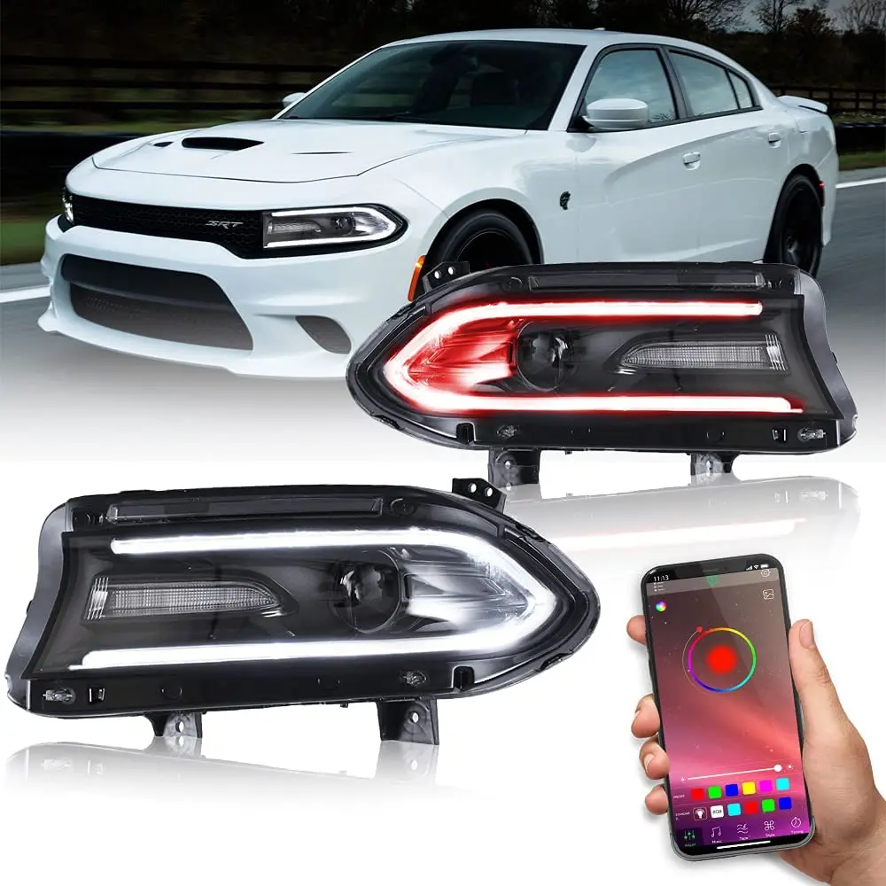 

LED Headlights Assembly for Dodge Charger 2015-2020 Multicolor Halo DRL Switchback Turning Light Dual Beam Projector Head Lamps