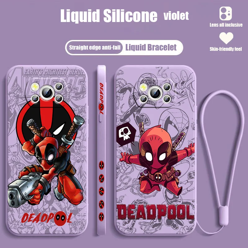 

Marvel Deadpool For POCO C55 C50 C40 M5S M4 M3 F4 F3 X5 X4 X3 X2 NFC GT Pro Liquid Left Rope Lanyard Phone Case