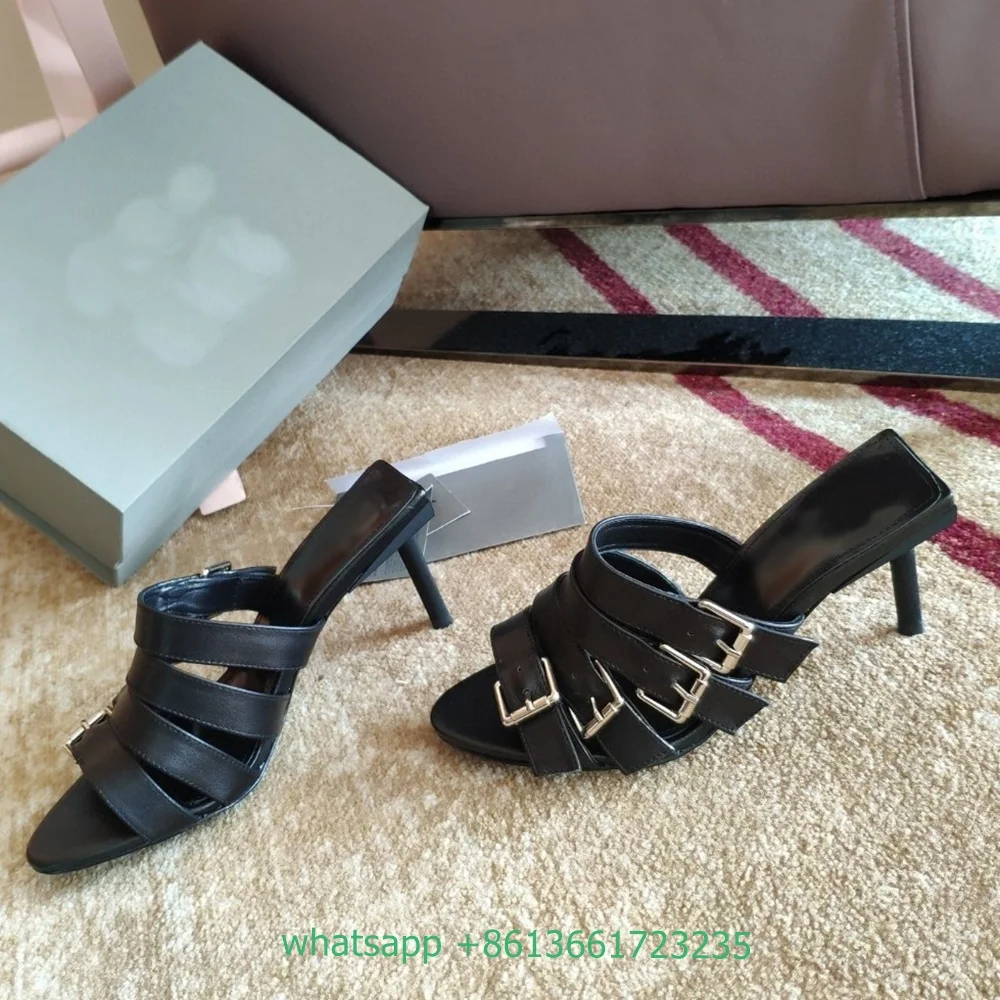 Four Belt Buckle Peep Toe Slippers Stiletto Heel Slip on Sandals Solid Color PU  Women Summer Sandals Casual High Heel Slides