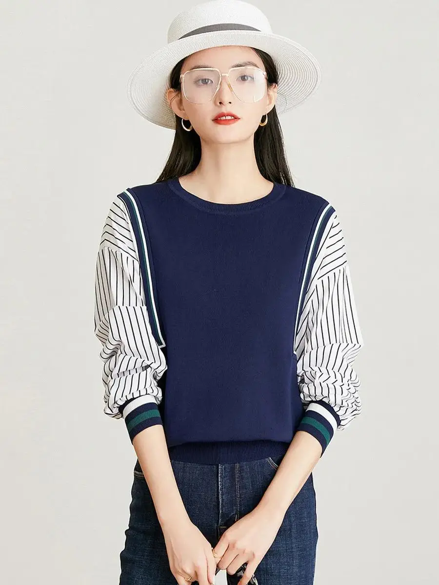 Женский трикотажный пуловер с круглым вырезом и длинным рукавом