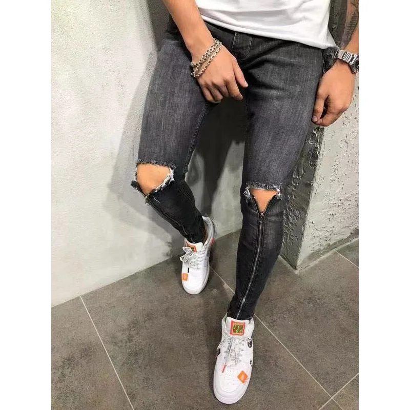 Men Jeans Ripped Skinny Hole Trousers Stretch Slim Denim Pants Large Size Hip Hop Black Blue Casual Zipper Jogging Jeans For Men