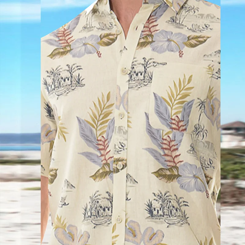 Men Shirt Beach Vacation Summer Print Loose Cardigan Shirt Men's Casual Turn-down Collar Short Sleeve Single-Breasted Shirt Top