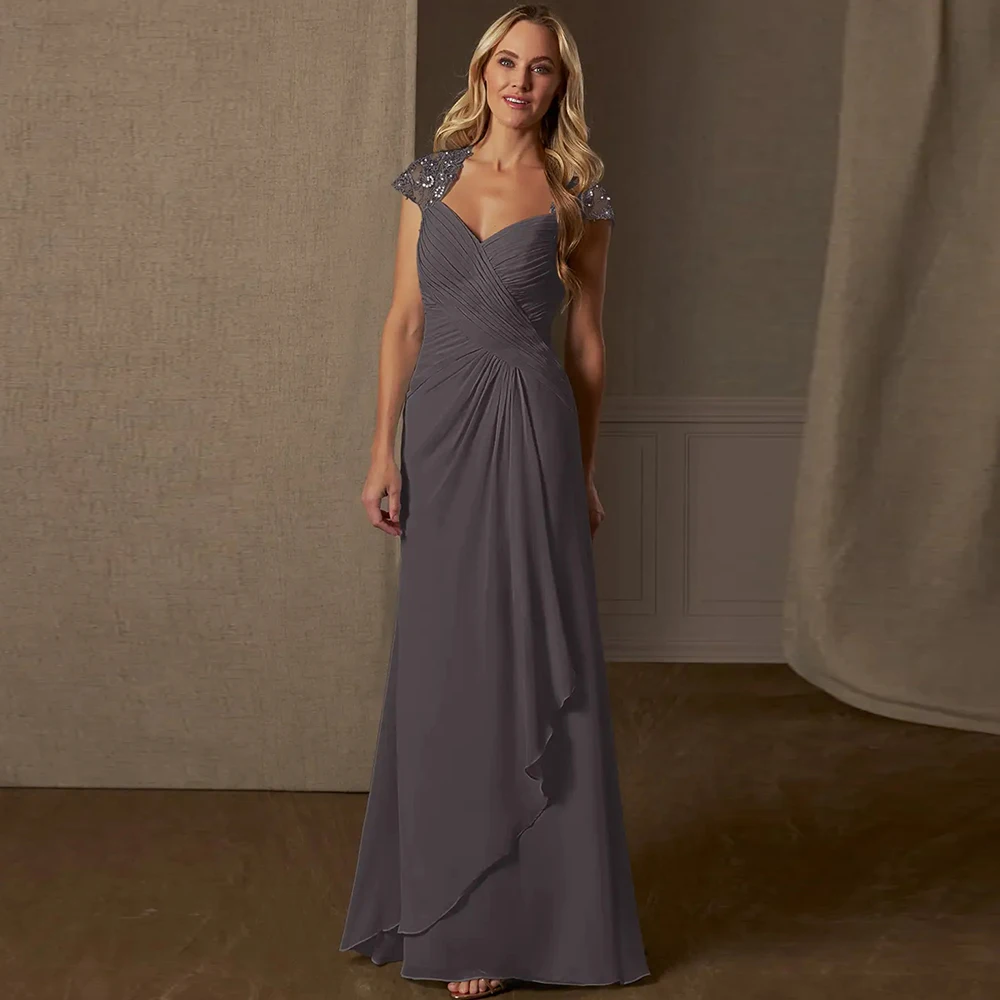 

Gray Cap Sleeve A-Line 2023 Mother of The Bride Dress V Neck Floor Length Chiffon Wedding Party Dress Applique Zipper Back