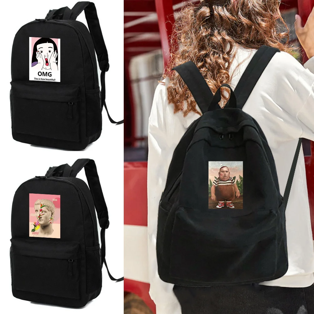 

Women School Backpack Black Canvas Bagpack Female Men Funny Print Rucksack Casual Lady Travel Backpacks Korean Back Pack Mochila