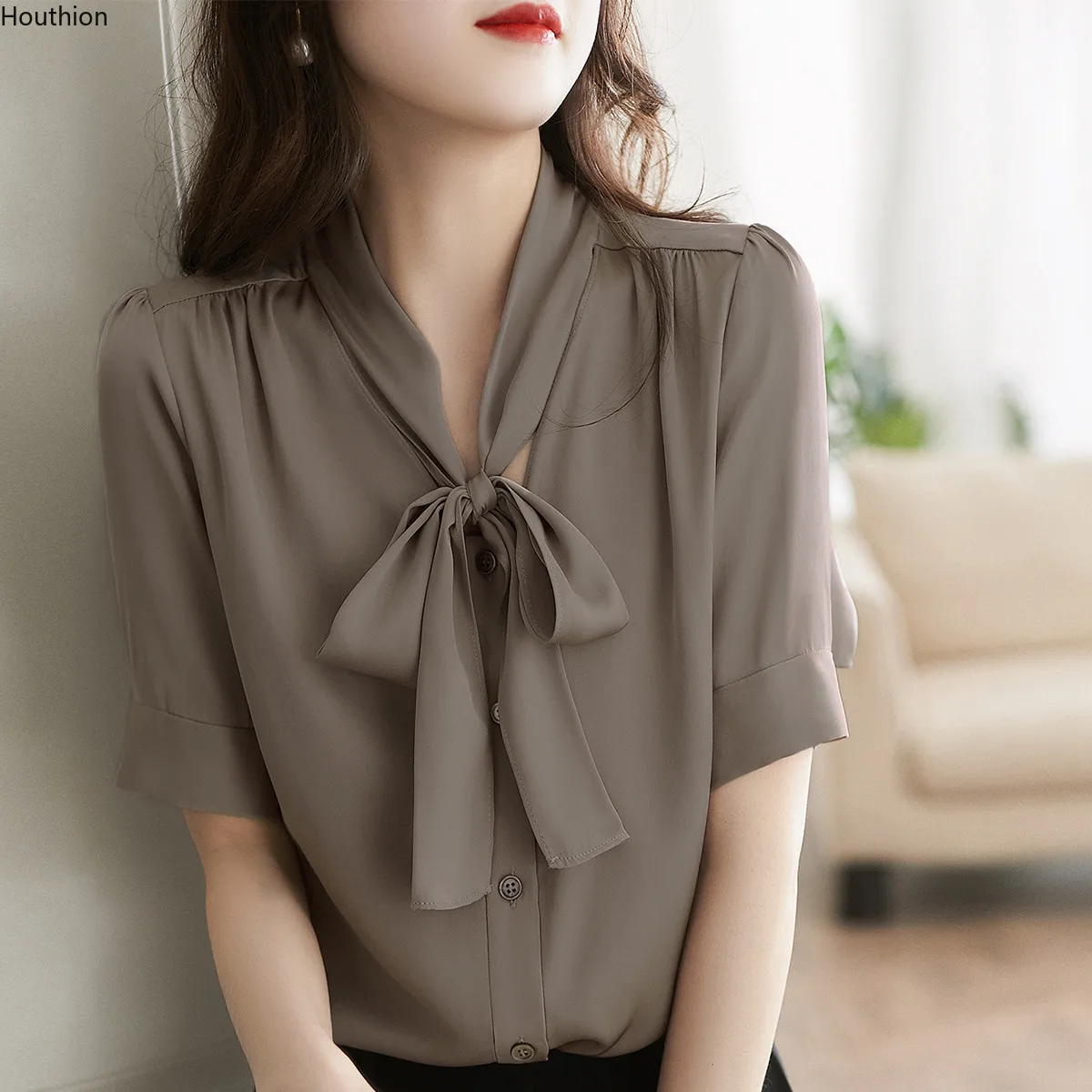 

Chiffon Loose Women's Blouse New Fashion Casual Short Sleeve Top Solid Color Bow Tie Shirt Summer