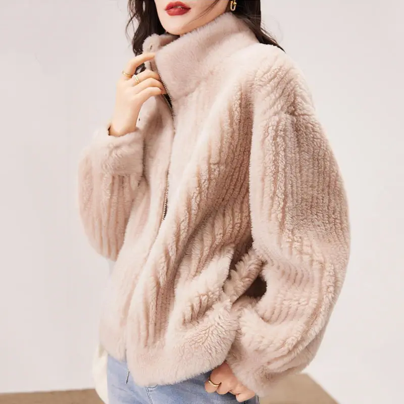 Spring Autumn Women's Coat Fashion Loose  Stand Collar Show Thin Imitated Lamb Fur Coat Casual Fake Fur Coat