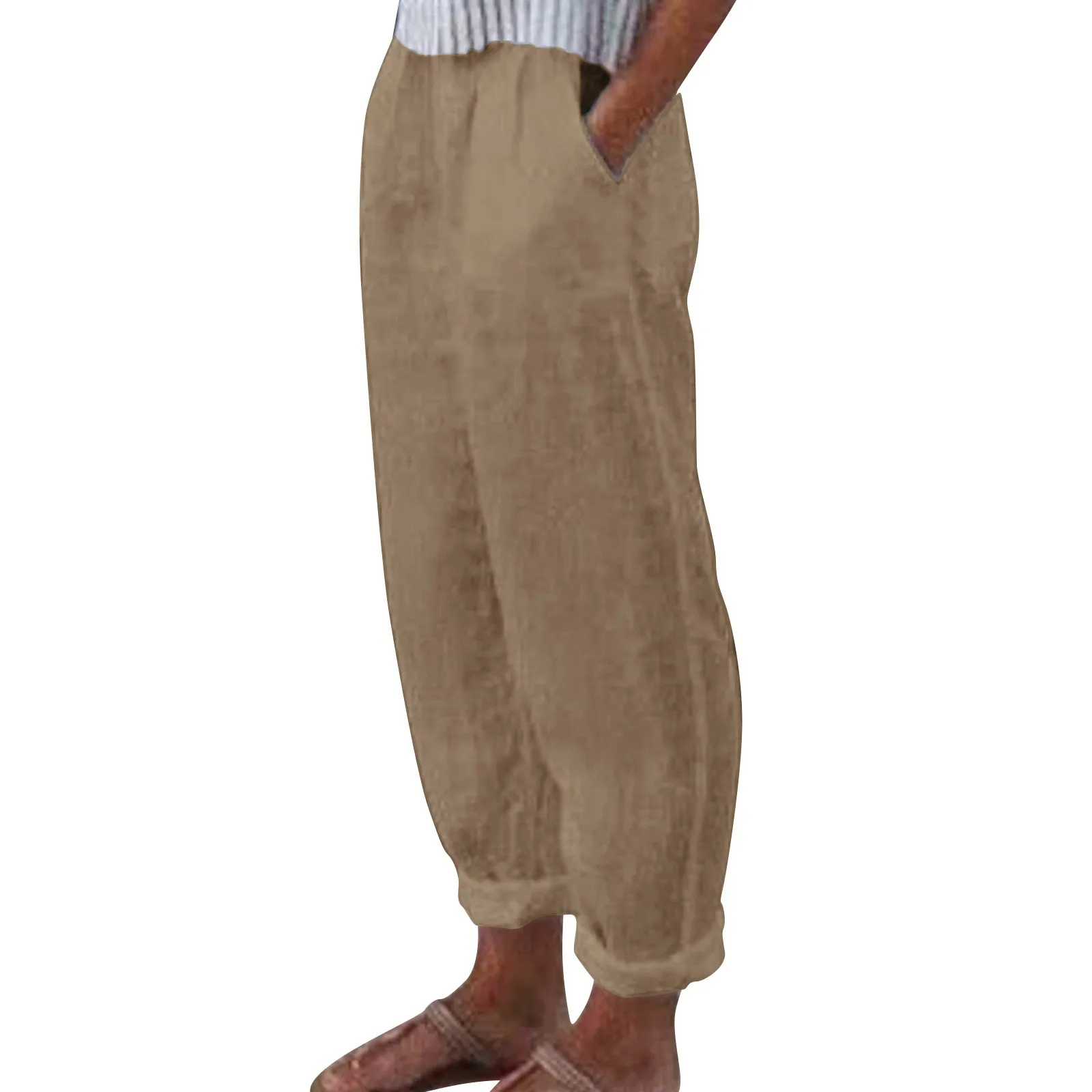 Women Solid Cotton Linen Trousers Casual Elastic Waist Baggy Cargo Pants Wide Leg Pant With Pocket Y2k Streetwear Parachute Pant
