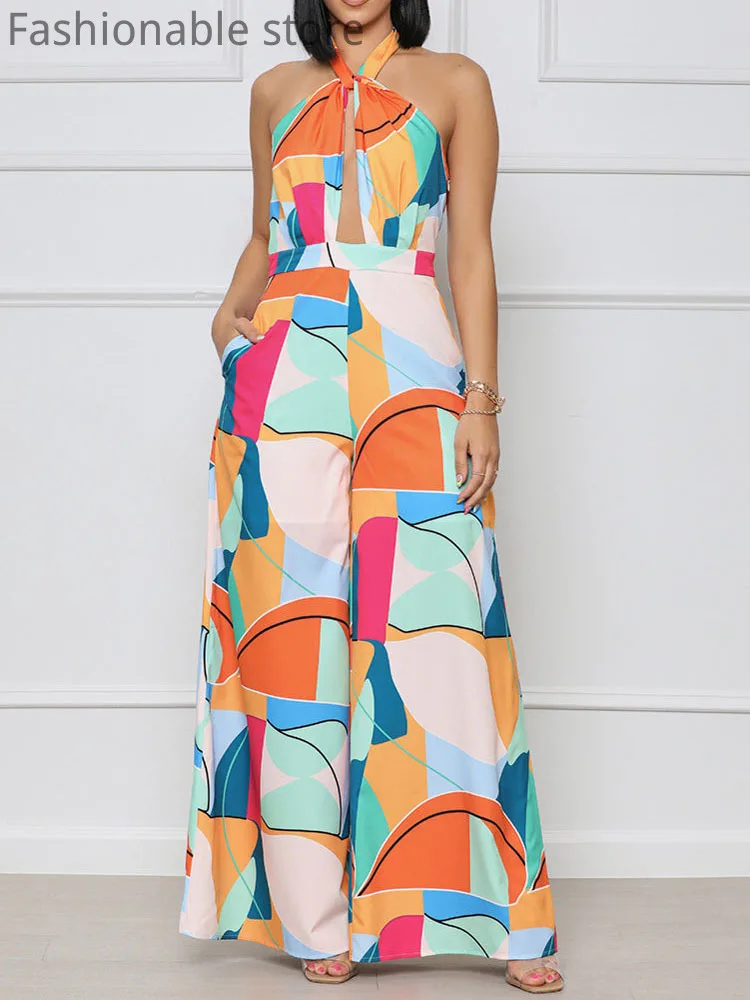 

Loose Print Halter Hollow Backless High Waist Wide Leg Jumpsuits