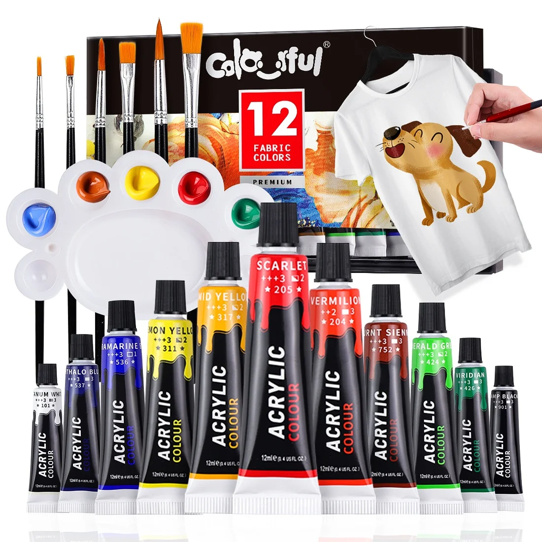 

Fabric Paint Set for Clothes with 6 Brushes, 1 Palette, 12 Colors Permanent Textile Puffy Paint Kit for Shoes, Canvas