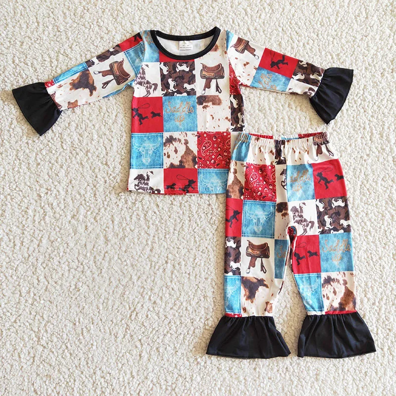 

Новинка, детские пижамы в западном стиле, зимняя клетчатая одежда для маленьких девочек с принтом коровы, комплект детской одежды оптом