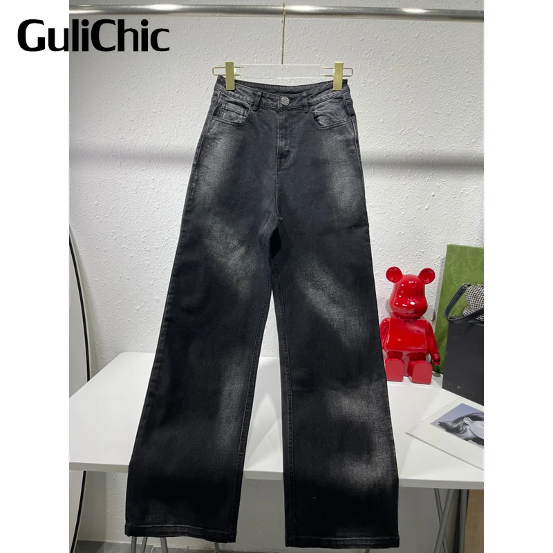 11.25 GuliChic Women Vintage Temperament Black Washed Gradient Letter Cotton Straight Jeans