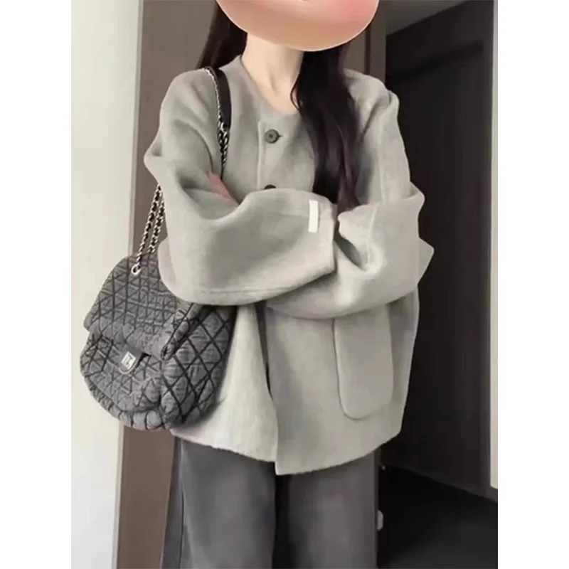 Женская шерстяная куртка во французском стиле sle Hepburn серая свободная утепленная