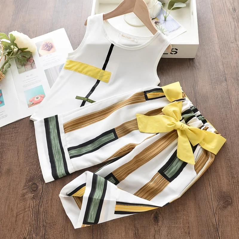 Girls Clothes Set 2022 New Summer Sleeveless T-shirt and Print Bow Shorts for Girl Kids Clothes Children Clothing 3 5 7 Years