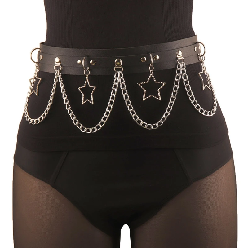 Q39C Women Punk Waist Belt Alloy and PU Leather Body Belt with Star Decorations