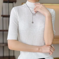 2022 spring and summer new worsted wool knitted half turtleneck short sleeved womens solid color thin top t shirt