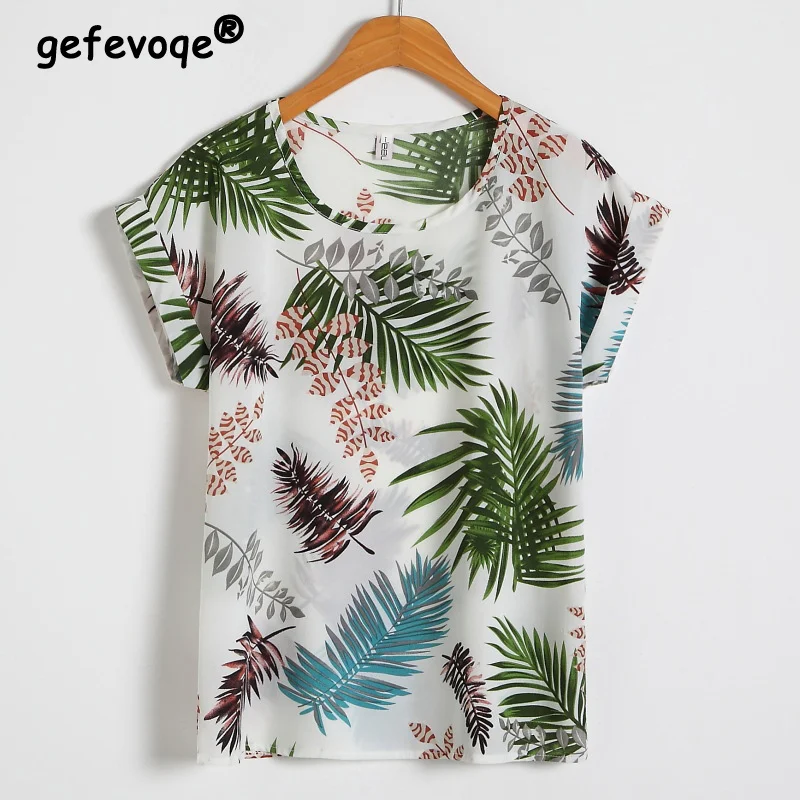 

Summer New Popularty Casual Printed Chiffon Short T-shirt Top Women O-neck Loose Oversized Skin Friendly Breathable Pullover Tee