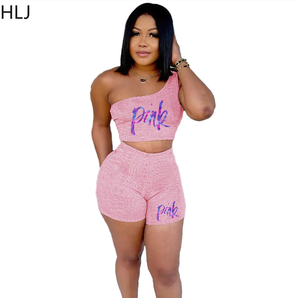

HLJ Fashion PINK Letter Print Tracksuits Women One Shoulder Sleeveless Crop Top+Shorts Two Piece Sets Casual Sporty 2pcs Outfits