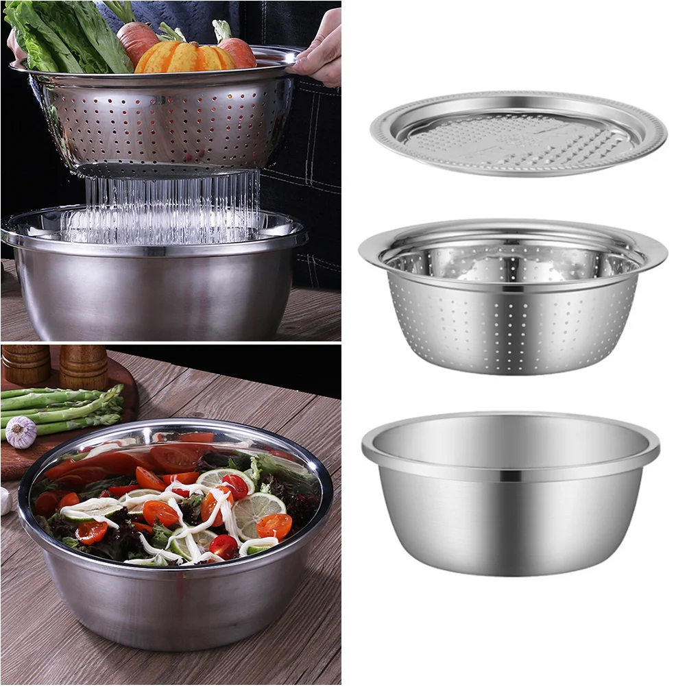 

3pcs Stainless Steel Drain Basket Vegetable Slicer Metal Drain Basket Bowl Fruit Rice Fruits Vegetable Washing Bowl Set for
