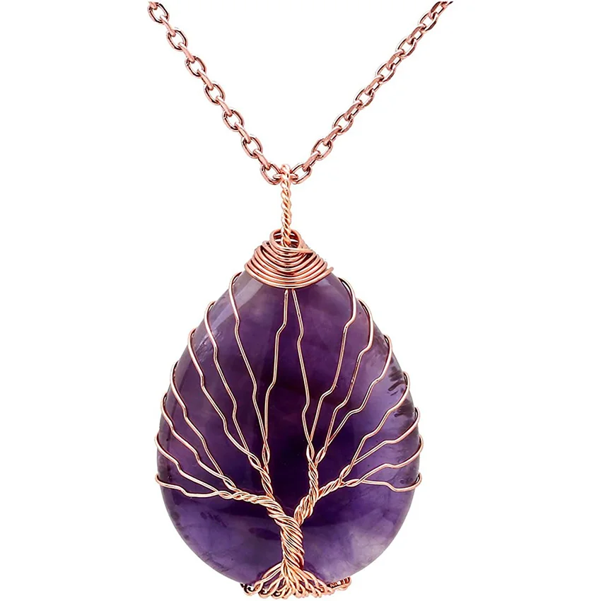 

XSM Teardrop Natural Stones Reiki Healing Crystal Stone Necklace Wire Wrapped Rose Gold Copper Tree of Life Chakra Pendant